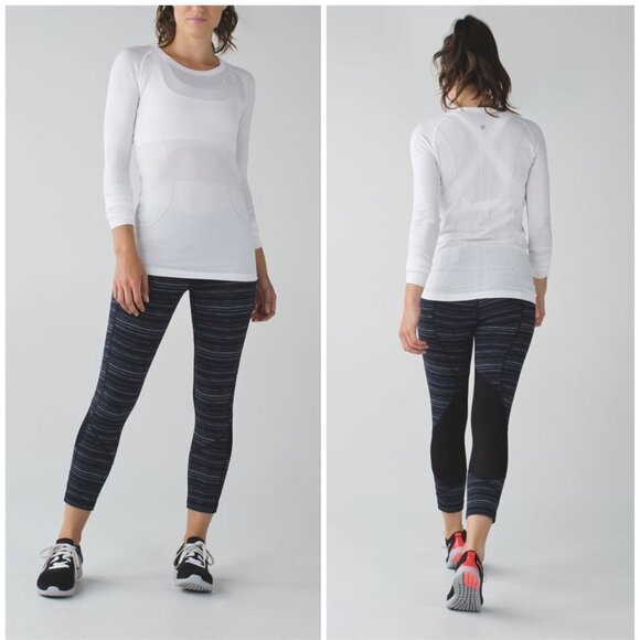 𝅺LULULEMON Pace Rival Crop Cyber Stripe Naval Blue Black / Black - Picture 1 of 8